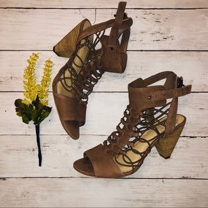 Vince Camuto stacked Caged Heels brown suede
